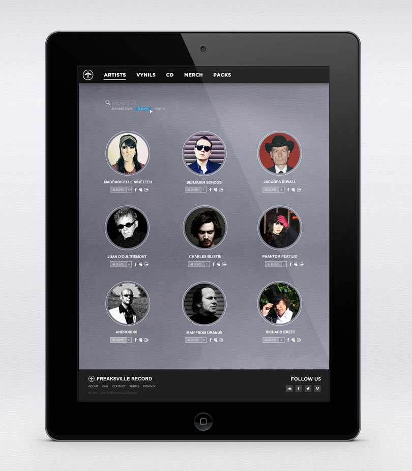 mockup of freaksville record new webshop artist page on ipad